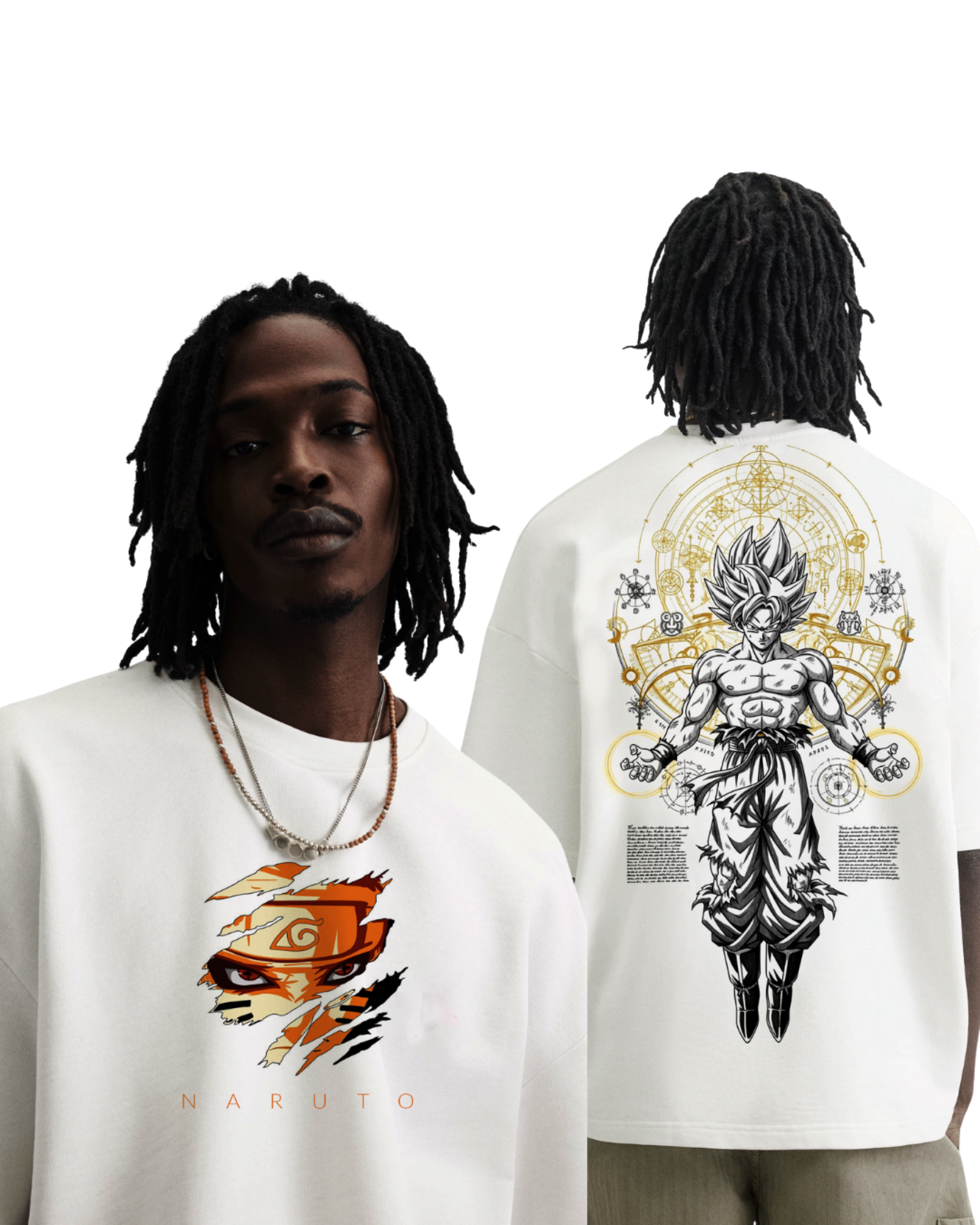 Kulted Oversized Graphic T-Shirt – White | Anime Legends Naruto & Goku Print