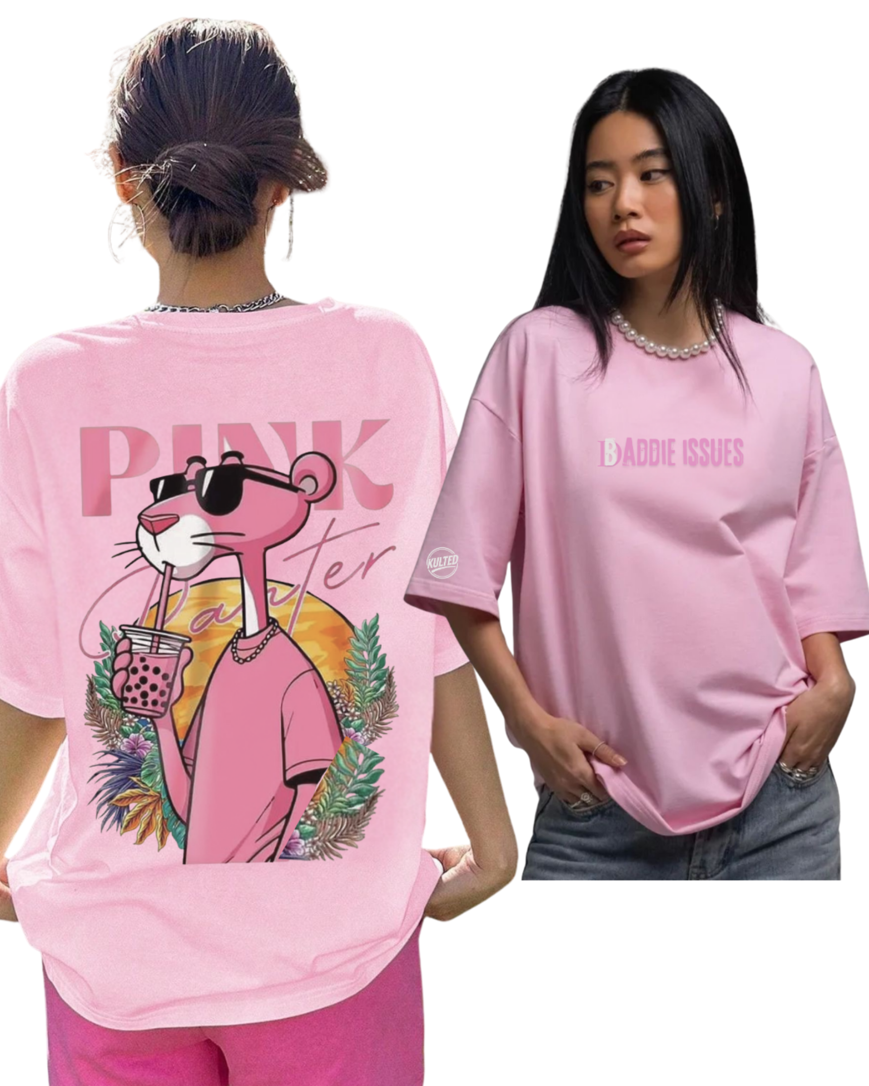 Kulted Oversized Graphic T-Shirt – Pink | Baddie Issues & Pink Panther Print
