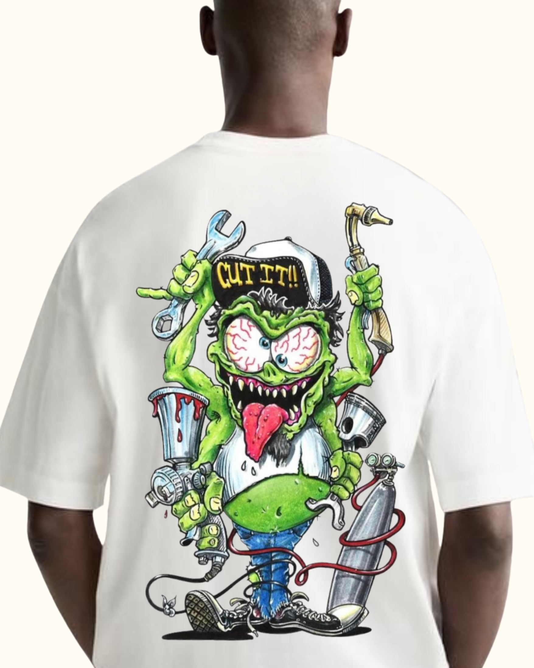 KULTED Oversized Rat Fink Inspired “Cut It!!” Graphic T-Shirt – White