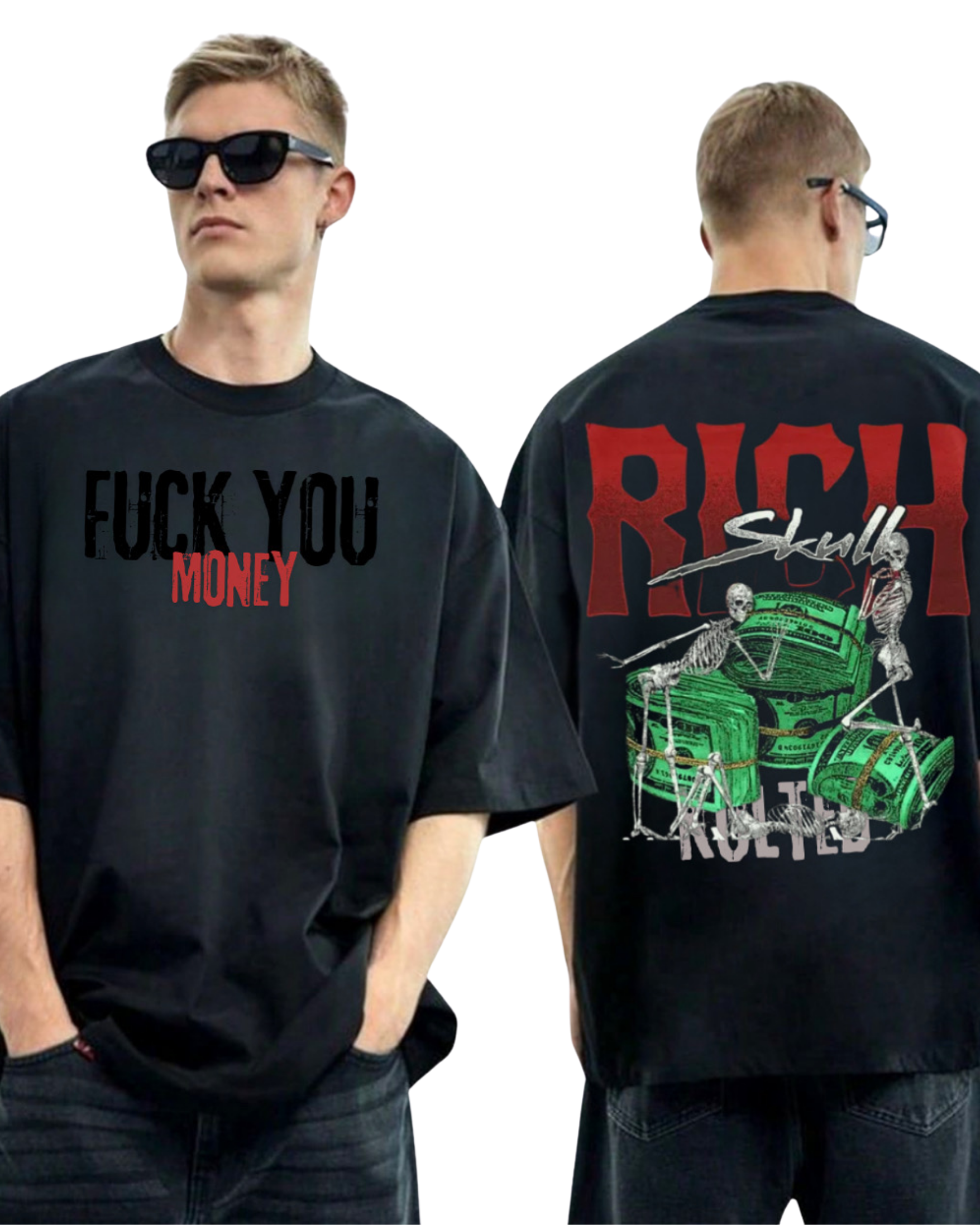 Kulted Oversized Graphic T-Shirt – Black | Rich Skull & Money Print
