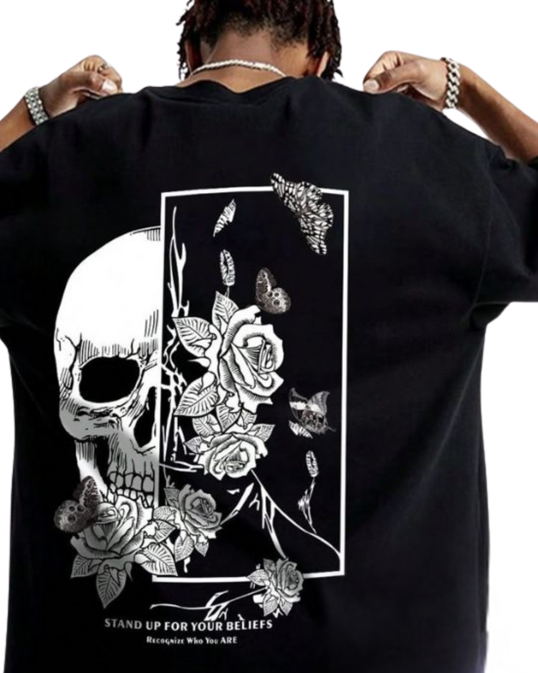 Kulted Premium Oversized Graphic T-Shirt – Black | Skull & Rose Print