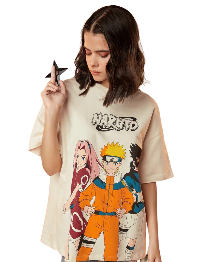Kulted Oversized Graphic T-Shirt – Beige | Naruto Clan Anime Print